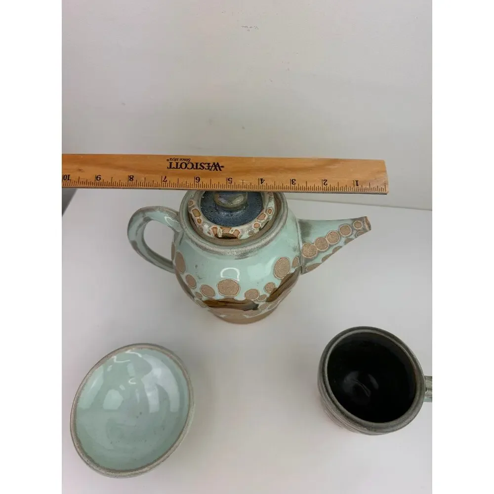 OOAK Blue Beige Ceramic Hand Thrown Pottery Tea Plate Cup Teapot Tea Set 3-Piece